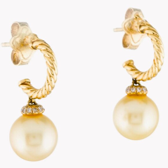 David Yurman Solari 18K YG Diamond Showcasing Rare Yellow Pearl Drop Earrings - Picture 11 of 11